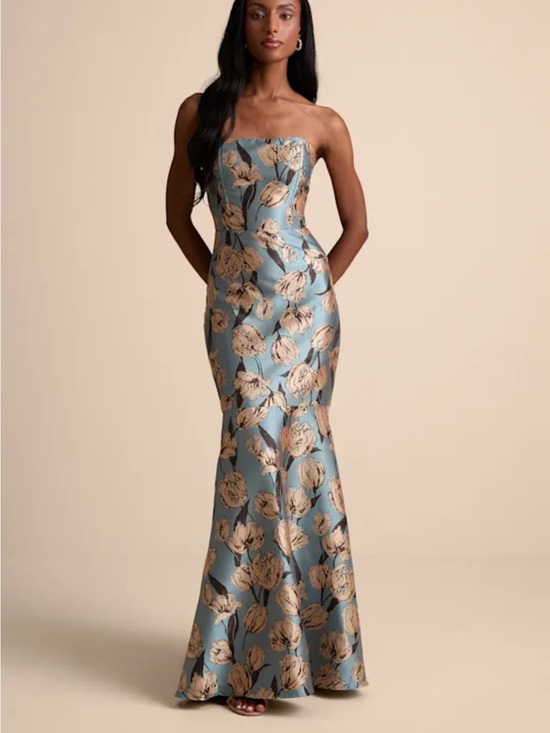 Lulus Dresses & Skirts - Lulu's Strapless Floral Jacquard Gown in Light Blue and Cream